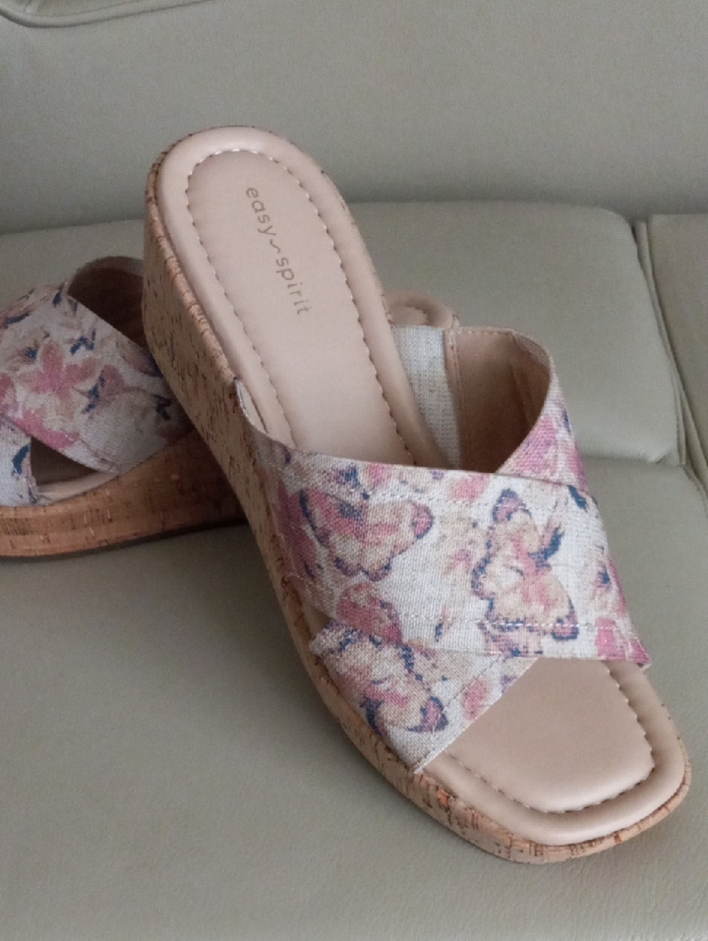 Floral Butterfly Cross-Strap Cork Wedge Sandals - Pink Tan